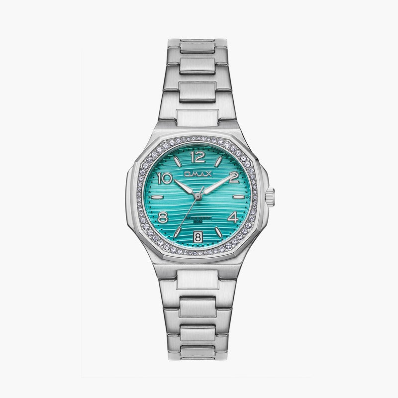 OMAX Silver Analog Watch with Turquoise Dial for Women - Image 1